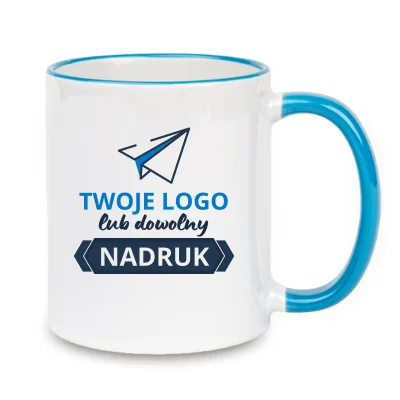 Kubek z błękitnym rantem i uszkiem – z nadrukiem